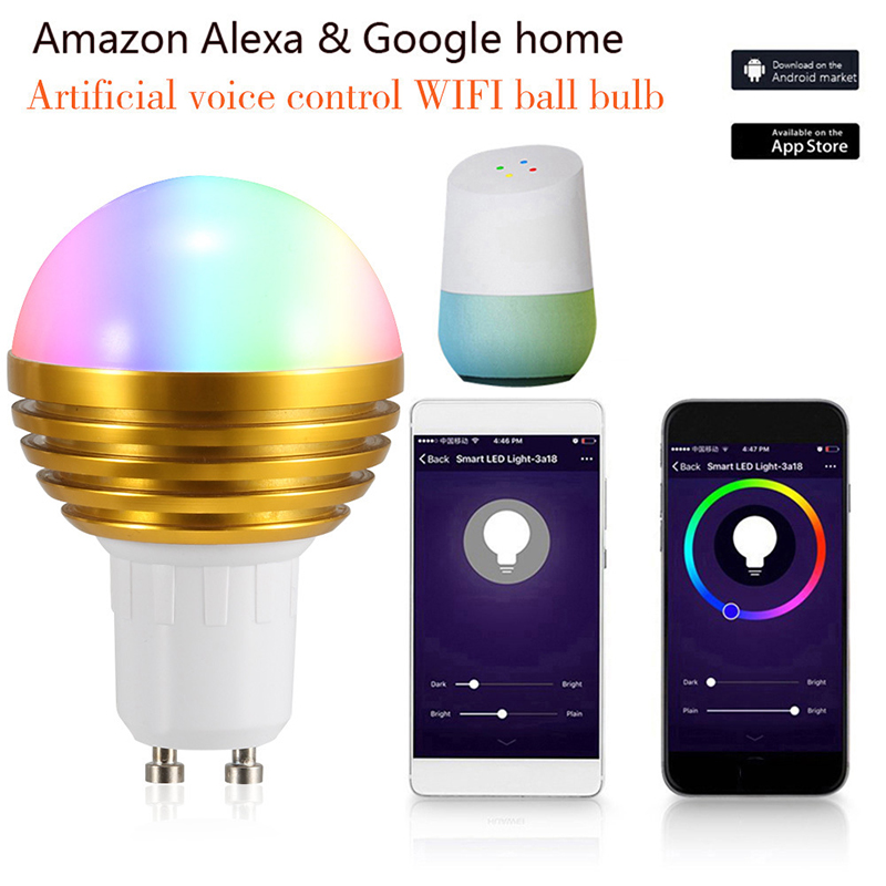 7W RGB WiFi Vioce Control LED Color Changing Light Bulb, E27/E26/E14/B22/GU10/GU5.3, AC85-265V, Light Bulbs Work With Google & Aleax Assitant